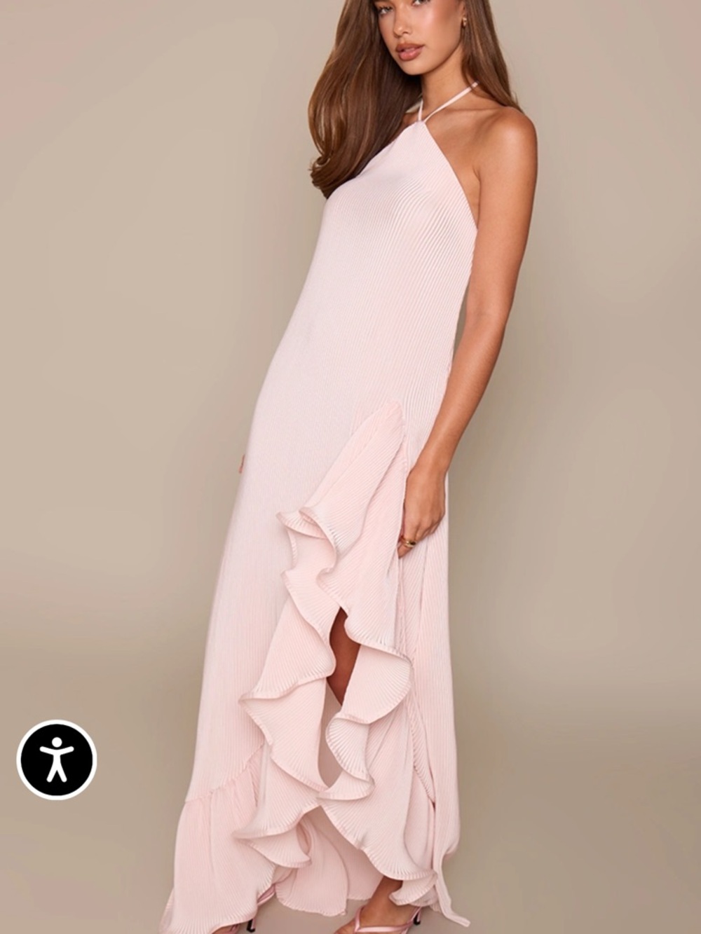 PrettyLittleThing Pale Blush Halter Ruffle Maxi Dress